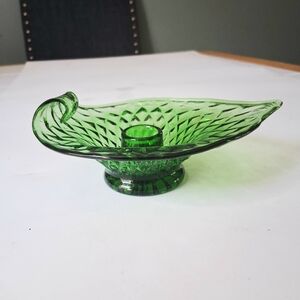 Vintage Diamond Optic Emerald Green Glass Leaf Shape Candle Stick Holder